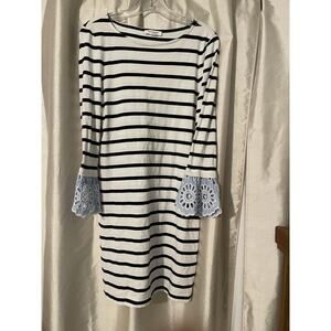 White Navy Striped Beach Lunch Lounge 3/4 Sleeve Shirt Dress Size X Small